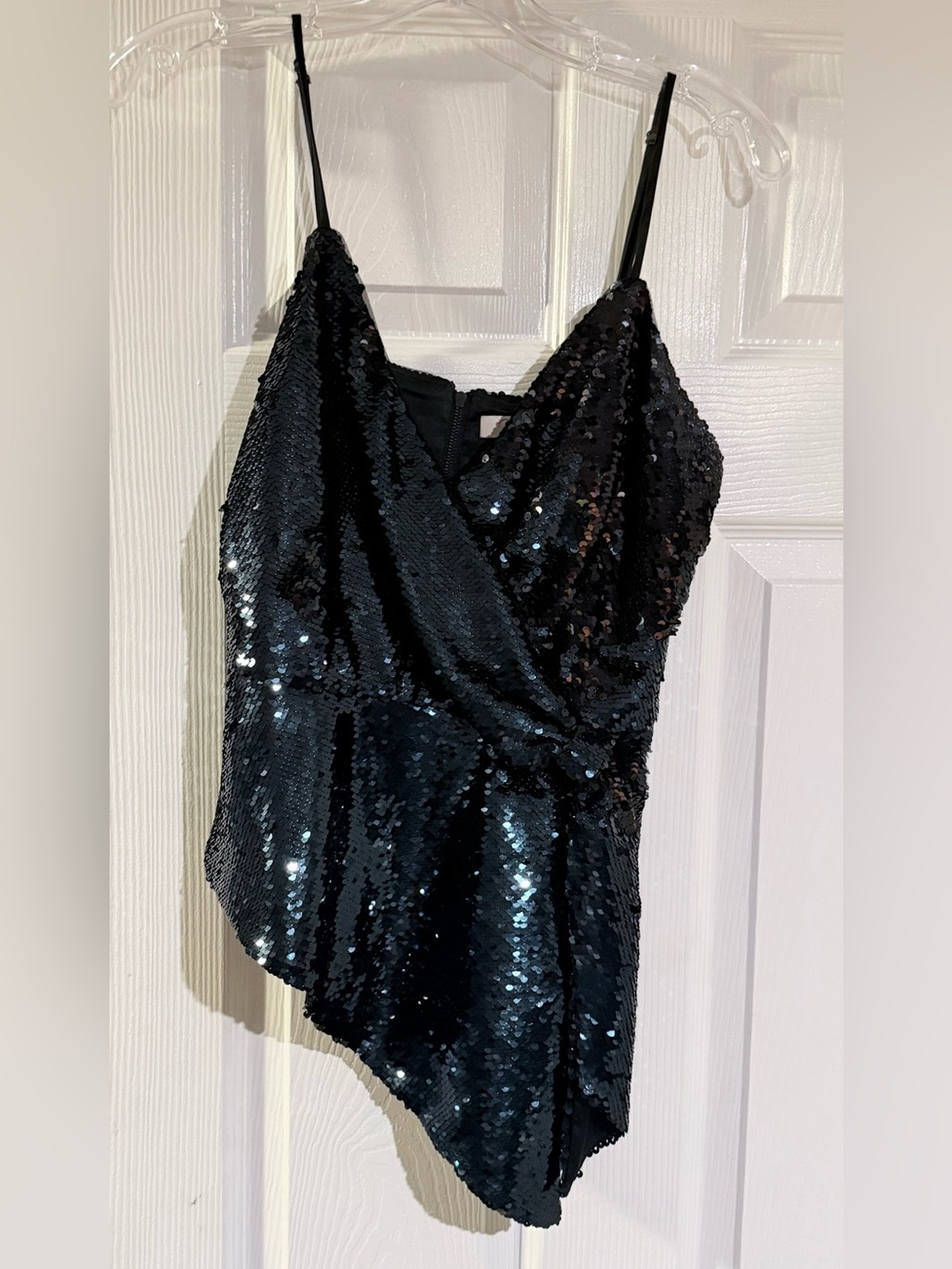 Parker Black Sequin Asymmetrical Spaghetti-Strap Top